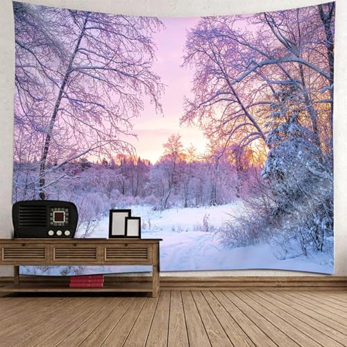 Tapiz para colgar en la pared con diseño de bosque en invierno y atardecer para el hogar