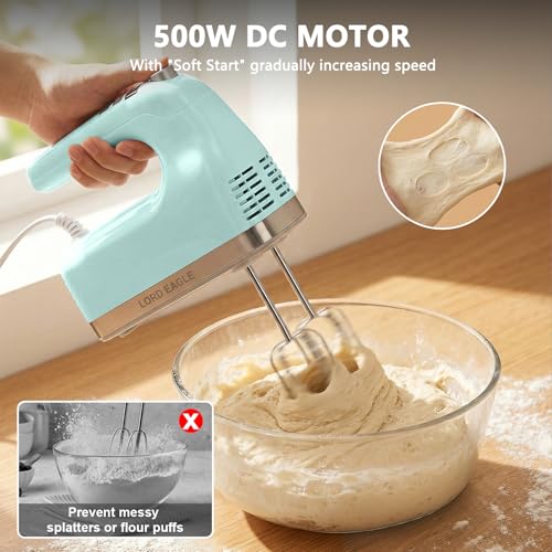 Image of Lord Eagle 9-Speed Digital Hand Mixer Electric Handheld, 500W DC Motor Kitchen Mixer for Cake Baking, Lightweight Egg Beaters with Stain-resistant & Waterproof Storage Bag & 6 Accessories, Green