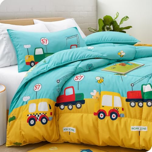 Image of 200 GSM 400 TC Kids Glace Cotton Reversible Cartoon Printed Double Bed King Size Comforter with Matching Bedsheet 90 * 100 with 2 Pillow Covers Set of 4 Pieces (Yellow Bus)