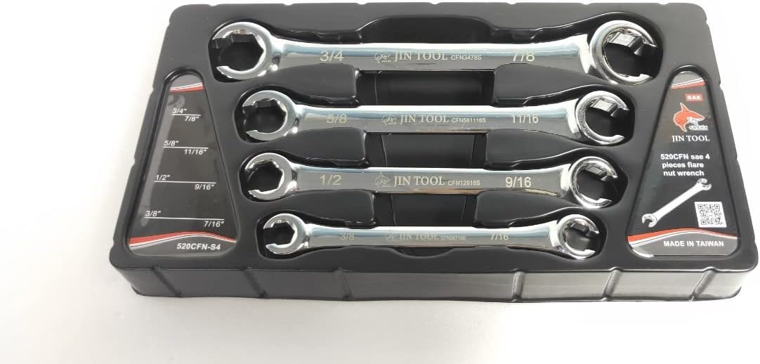 Flare Nut Wrench,Break Line Wrench,High Torque, 4PIECE SAE,Size 3/8" x7/16, 1/2" x9/16, 5/8" x11/16, 3/4" x7/8",Gift for Man,With wrench Tray & Color Box.