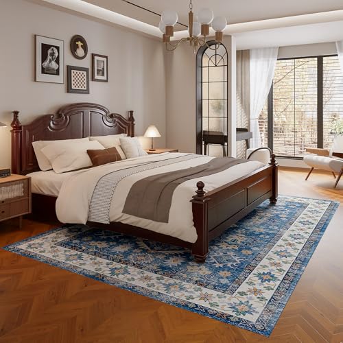 Vintage 8x10 Washable Area Rug, Low-Profile Large Area Rug with Non-Slip Backing & Durable Edge Binding, Pet-Friendly Carpet, Large Rug for Living Room, Bedroom, Dinning Room