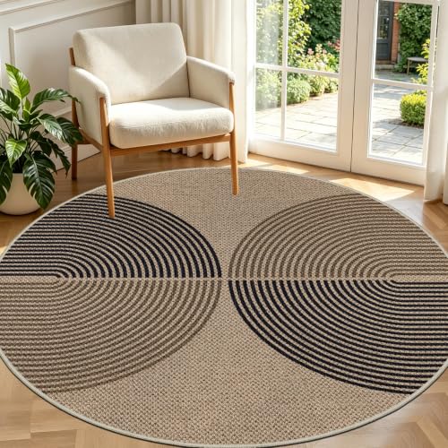 Capslpad Tapis d'extérieur, rond, 160 cm, aspect jute, lavable, antidérapant, naturel, pour salon, balcon, terrasse, cuisine, jardin - Couleur : noir/marron