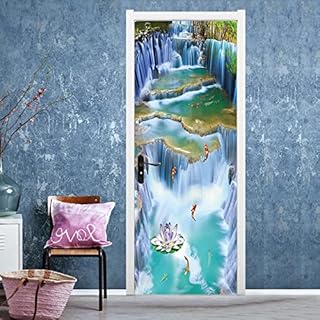 PSSR Autocollants de porte 3D Peintures murales de porte Pelage et bâton Autocollants Fleurs en cascadeTuiles miroirs Décoration murale 77x200cm