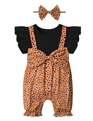Image of CRISONE Baby Girl Clothes 0-3 Months Infant Short Sleeve Romper Brown Dot Print Ruffle Sleeve Jumpsuit Outfit 2pcs Cute Summer Baby Clothes for Girls