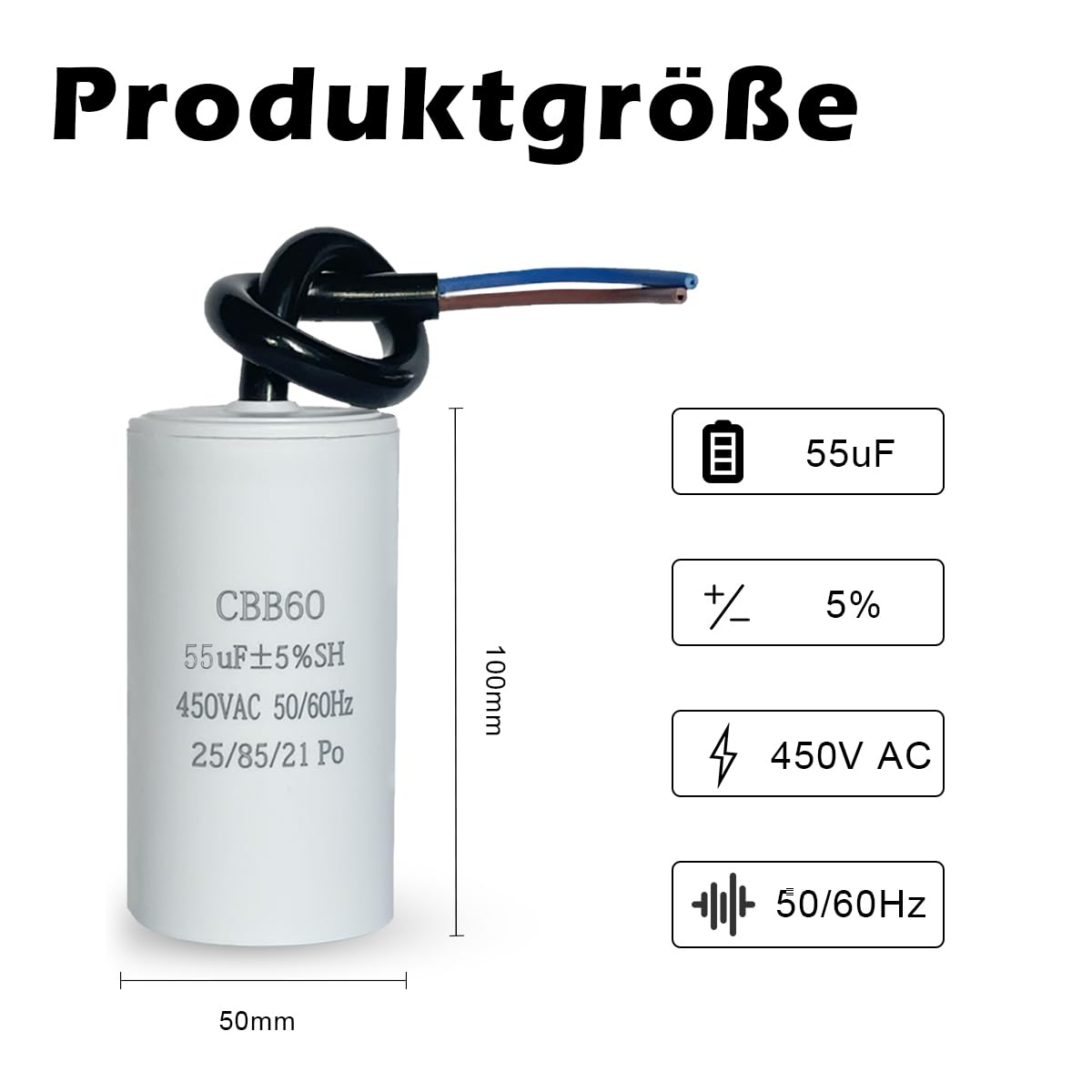CBB60 450V 55uf 50/60HZ Kondensatory, Kondensatory tłumiące, Kondensatory rozruchowe silnika,Kondensatory microfarad (z przewodami) do kosiarek