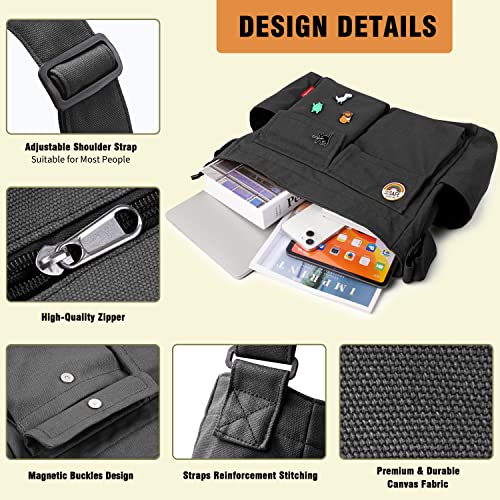 Captain Blues Canvas Messenger Bag Umhängetasche Crossbody Schulter Tote Hobo Bag für Frauen und Männer - Große Tasche mit mehreren Fächern (Schwarz)