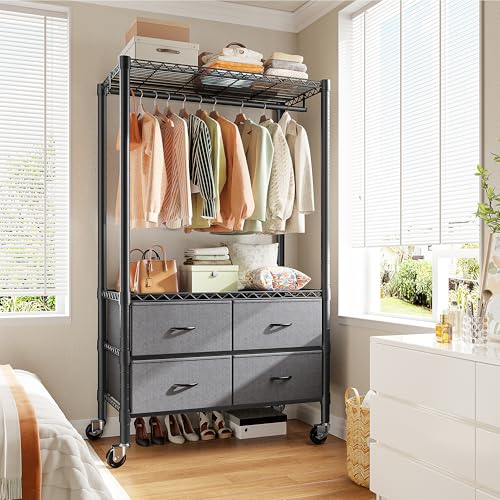 Image of Raybee Clothes Rack Heavy Duty Clothing Rack with Rolling Wheels & 4 Drawers, Clothing Racks for Hanging Clothes with Drawers, Black