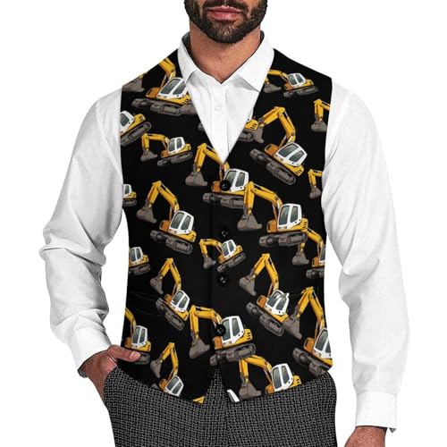 Excavator Engineering Vehicle Truck Suit Vest for Men Waistcoat Dressy V Neck Button Down Sleeveless Business Jacket Coat