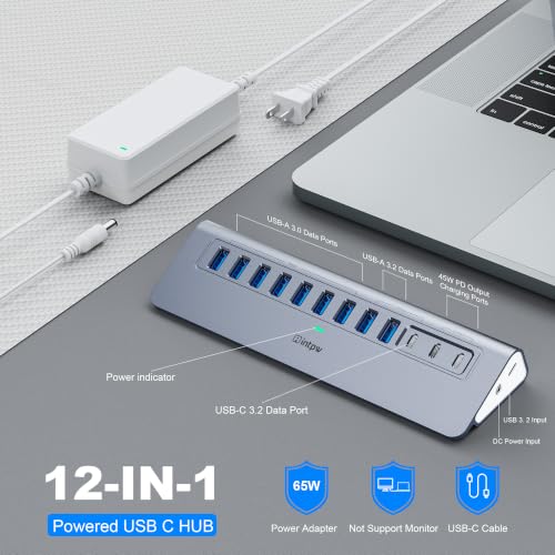 Image of Powered USB Hub 10Gbps, intpw YH9AC 12-Port USB Splitter with USB A /USB C 3.2, 7 USB 3.0, 2 PD 45W Charging Ports, 65W Power Adapter + 3.3FT Cable, Aluminum USB Extender Hub for Laptop /PC /iPhone 16 /15