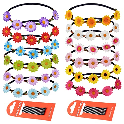 ZOCONE 12 peças diadema de flores, multicolorido coroa floral elástico diadema de margaridas flor coroa com ganchos de cabelo, para mulheres e meninas