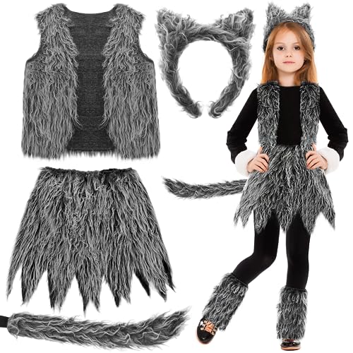 Newcotte 7 Pcs Halloween Werewolf Accessories Wolf Costume Wolf Ear and Tail Costume for Cosplay Party Costumes Supplies (152-164cm)