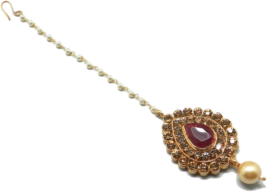 Chand Bali Shaped Maang Tikka Decorated With American Diamond & Pearl Drops