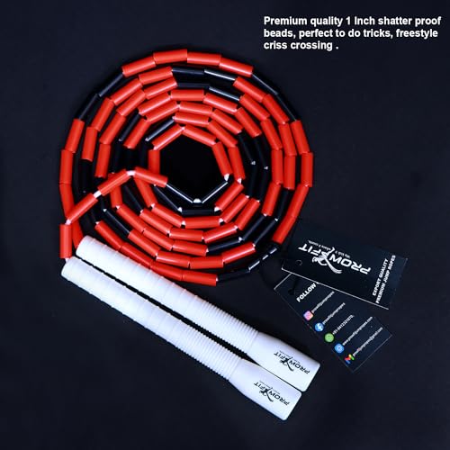 Image of Freestyle Unbreakable Long Handle Soft Shatterproof Beads 1Inch Beaded Jump Rope, Skipping Rope Adult. (10 Ft) (Red Black - White handle)