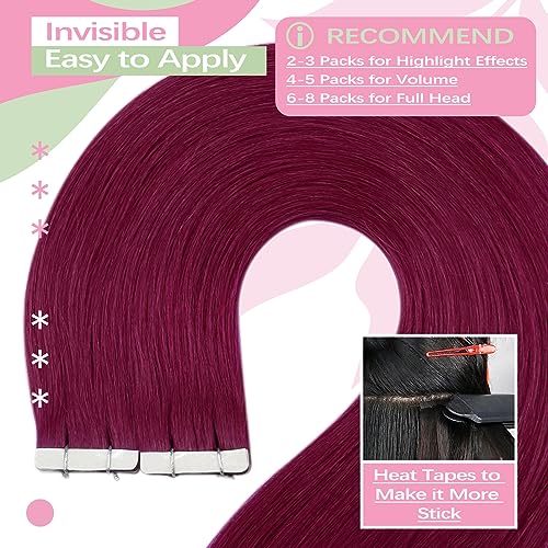 YoungSee Magenta Human Hair Tape in Extensions Burgundy Tape Hair Extensions Real Human Hair Colored Burgundy Tape-in Hair for Party 18In 25G 10Pcs - Image 4