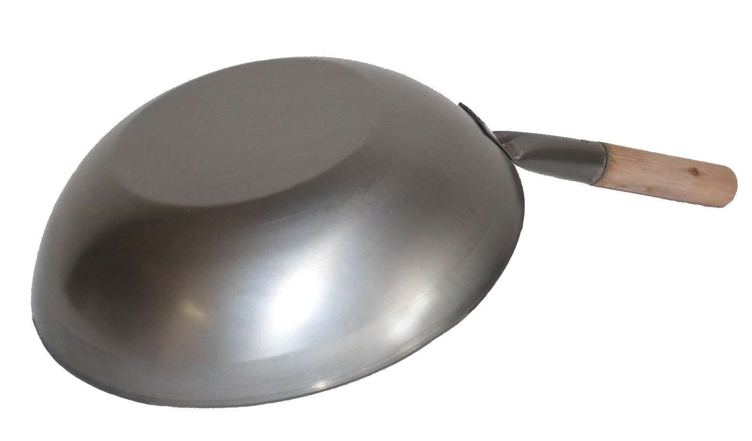 Wok Pfanne Flacher Boden Ø 40 cm aus Karbon Stahl, für Gas und Induktionskochfelder, mit Holzgriff