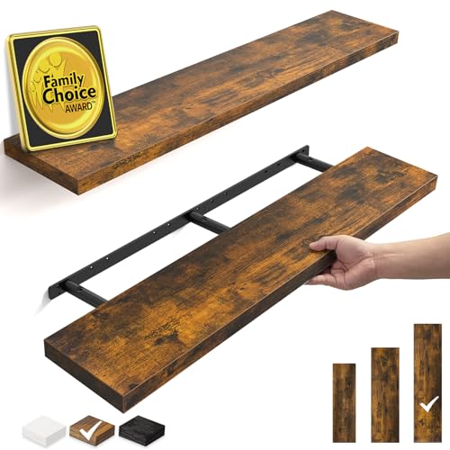 Image of BAYKA Floating Shelves, 47.2 inches Long Wall Mounted Rustic Wood Shelves for Bathroom, Bedroom, Living Room, Kitchen, Office, Hanging Shelf for Books /Storage /Decor(Rustic Brown,Set of 2)