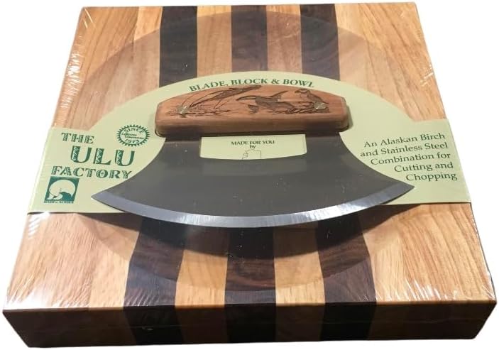 The Ulu Factory Alaskan Birch Wood Ulu Mezzaluna Knife and Bowl Set Ocean Collage Humpback Puffin Orca Whale