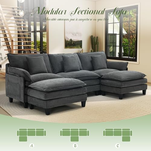 Image of Cloud Couch, 106 inch Modular Sectional Sofa with Movable Ottoman, U Shaped Modern Sofa with Pillows, Deep Seat Couches for Living Room, Bedroom and Apartment, Comfy Couch, Grey