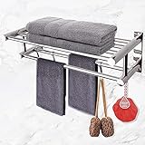 LELUXE Bathroom Towel Rack Shelves - SUS304 Stainless Steel with Double Towel Bar & 5 Hooks, Bathroom Organizer, Shelf Holder for Bedroom Kitchen Hotel. Bathroom storage for Towels, Robes, Accessories