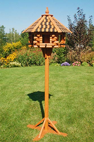 Deko-Shop-Hannusch Vogelhaus XXL, Futterhaus 65 x 50 cm imprägniert, Holzschindeldach in braun-schwarz, mit oder ohne Vogelhausständer, V15XXL (mit Einbeinständer)