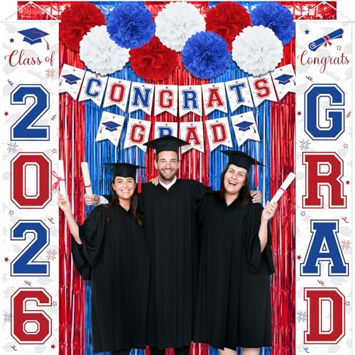 Image of Graduation Party Decorations Class of 2026, Graduation Decorations with Congrats Grad Banner Fringe Foil Curtain Paper Flower Ball Balloons for High School College Grad Party Supplies, Red Blue