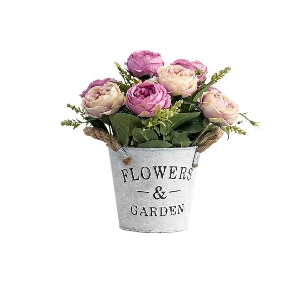 Kx9Lb8d Faux floor plant Fake Roses Simulation Flower Arrangement with Tin Pot, Artificial Plants for Home Decoration(Pink)