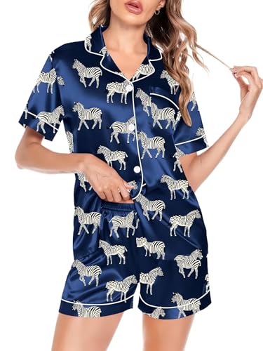 Image of SWOMOG Satin Matching Pajamas Sets Couple Silk Button Down Nightwear Women & Men Short Sleeve Sleepwear 2 Pieces Loungewear