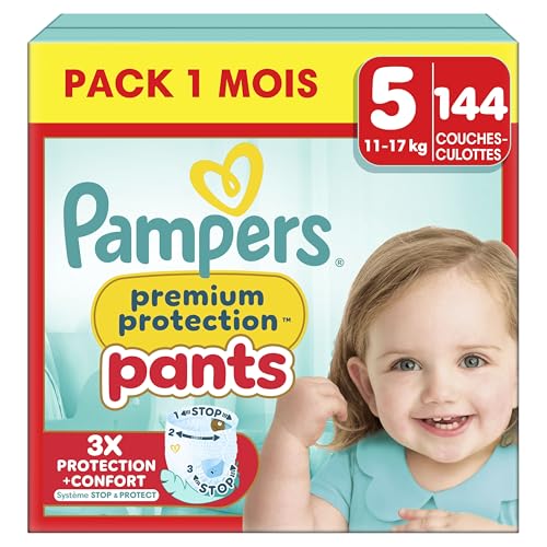 Pampers Premium Protection Pants, Taille 5, 144 Couches-Culottes, 12-17kg, Notre Meilleur Confort & Protection, Maintien 360° Contre Les Fuites et Matières Ultra-Douces, Pack 1 Mois