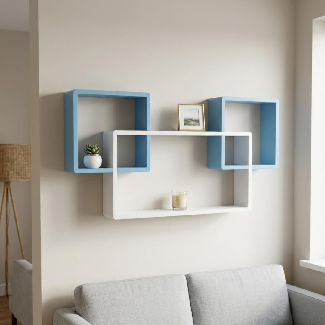 Modern Geometric Floating Wall Shelf – Wall Mounted Decorative Display Shelves for Living Room, Bedroom & Office | Wooden Wall Shelf for Home Décor, Books, Plants & Showpieces WHITE & SKY BLUE-image-17