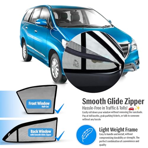 Image of Autofact Magnetic Car Sunshades Compatible with Toyota Innova Old (2004 to 2015) (Set of 4) - Easy Installation, UV Protection (Front 2 Half-Cut for Side Mirror Visibility, Rear 2 with Zippers)