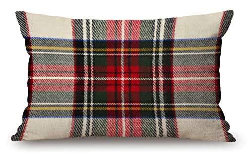 Solekla JCPILLOW-JC0003 Pillow Covers Plaid 12 Inch X 20 Inch Farmhouse Rustic Décor Lumbar Pillow Covers Scottish Tartan Red And White Pattern Symmetric Housewarming Gifts Family Room Décor cover