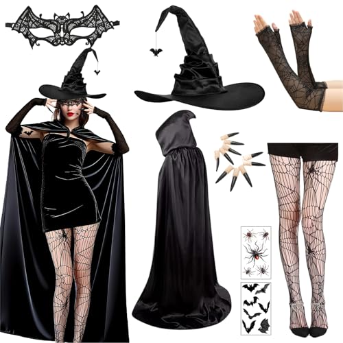 YDUNARISE Hexenkostüm Damen, mit Hexenumhang, Hexenhut,Schwarze Spitze Augenklappe, Spinne Tattoo Aufkleber,für Karneval, Fasching, Cosplay &...
