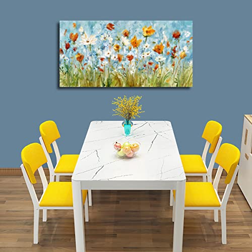 Image of VEAEE Wildflowers Canvas Wall Art Daisy Flowers Canvas Pictures Abstract Orange Red Green Floral Blossom Landscape Painting for Living Room Bedroom Kitchen Dining Room Home Office Decor 20 inchx40 inch