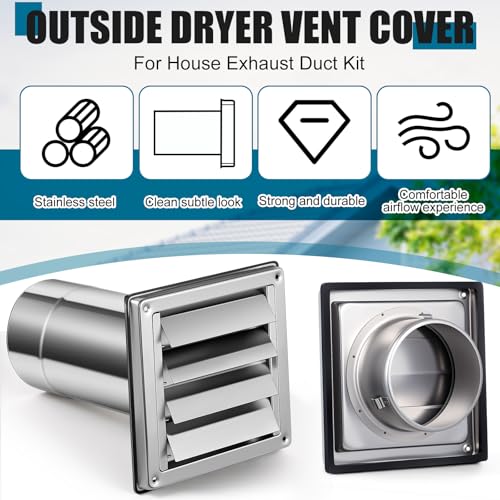 Image of Shimeyao 4 inch Wall Vent Cover Stainless Steel Outside Dryer Vent Covers for House Exhaust Duct Kit with Removable Extension Pipe 8 Inch and 4 Screw for House Outdoor Extended Air Pipe, Silver