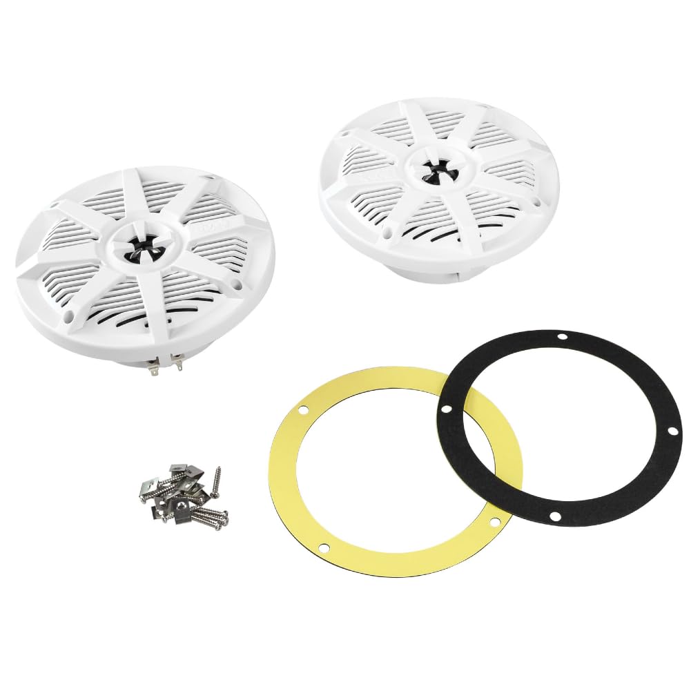 Kit Set para Boss Audio Systems MR62W 2 Altavoces Marinos Blancos de 2 vías 6,5" 16,5 cm, 100 vatios rms 200 vatios máx., Impermeables, para mar, Barco, por Pares + Juntas y Tornillos Gratis