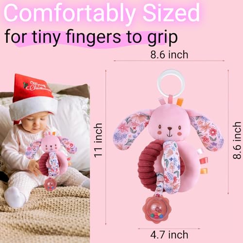 Image of Baby Stroller Hanging Car Seat Toys for Infants 0-6 Months Girl 0-2-3-4-5-7-8-9-10 6-12-18 Month Old Newborn Gifts, Carseat Pink Plush Bunny Travel Toy for Babies Boy Play Gym Rattle Squeaky
