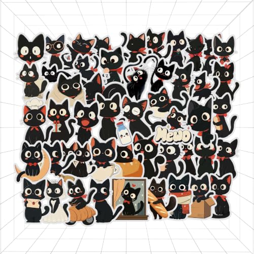 Image of Cute Black Cat Sticker Pack of 52 - Kawaii Cartoon Kitty Vinyl Stickers for Laptop, Water Bottle, Notebook, Journal, Scrapbook, Phone Case, Luggage & DIY Decoration | Adorable Cat Lover Collection