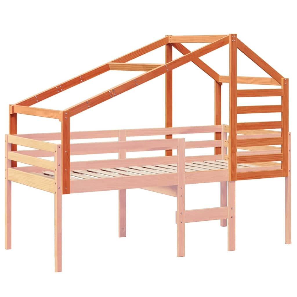 Techo de madera maciza de pino para cuna de 188 x 97 x 113 cm en color marrón cera. Estructura de techo rústica con lado abierto para facilitar el acceso. Accesorios de juego duraderos y