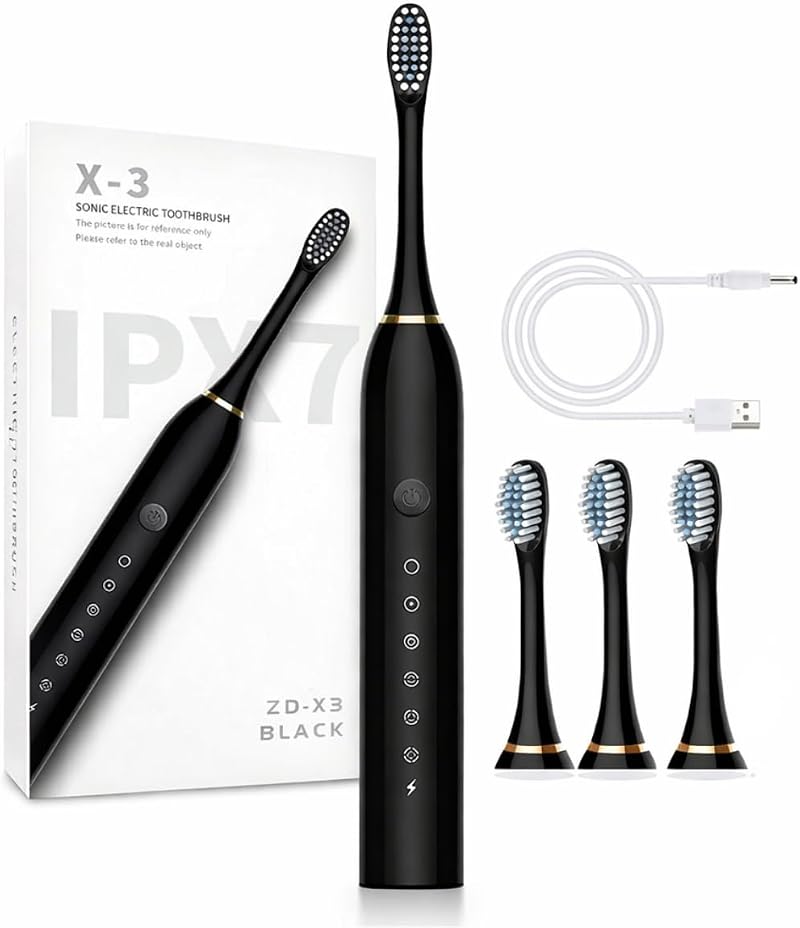 Escova de Dente Elétrica Recarregavel Bivolt 110/220v 6 Modos Sonica Ultrassonica Com 4 Cabeças e Temporizador Integrado - Pazie®