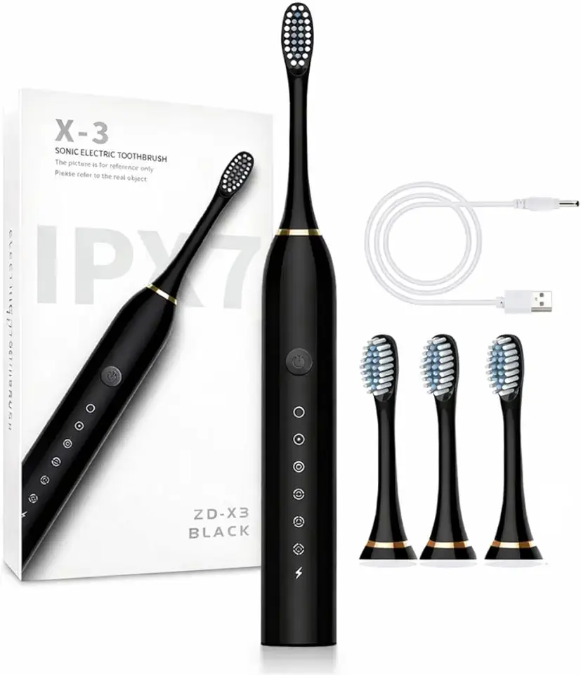 Escova de Dente Elétrica Recarregavel Bivolt 110/220v 6 Modos Sonica Ultrassonica Com 4 Cabeças e Temporizador Integrado - Pazie®