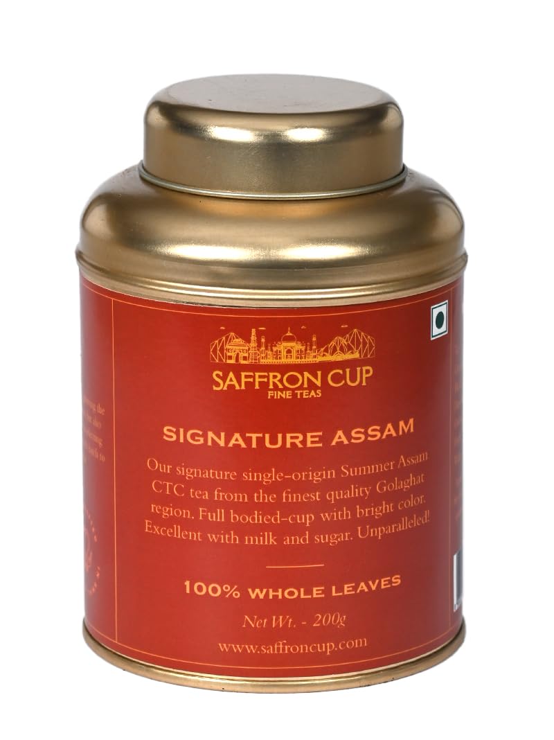 Saffron Cup Assam Leaf CTC Leaf Tea – 200g | Robust & Full-Bodied Blend for Authentic Milk Chai | Rich Aroma, Strong Flavor & Premium Freshness (Airtight Double-Lid Tin)