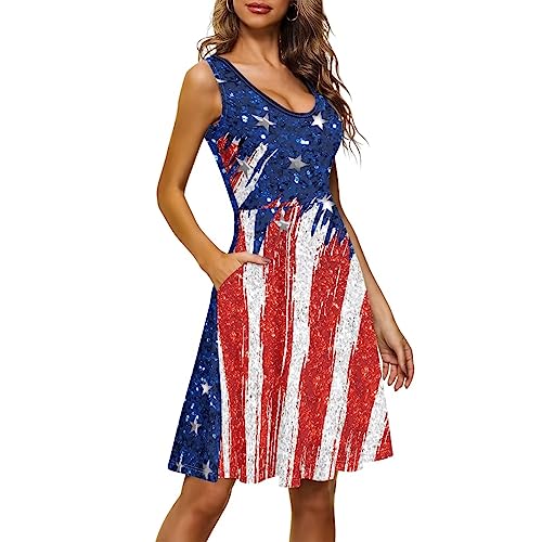 Image of Women's Casual Loose Sundress Midi Sleeveless Crewneck Dress Summer Beach Tank Dress with Pockets