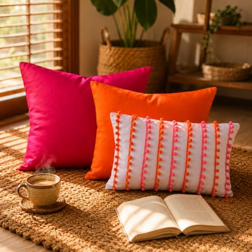 Image of Preppy Pom Pom Cushion Cover, Pink Orange White Decorative Throw Pillow Cover, Colorful Dorm Room Decor, Sorority Style Accent Pillow for Bedroom, College Apartment Preppy Cushions
