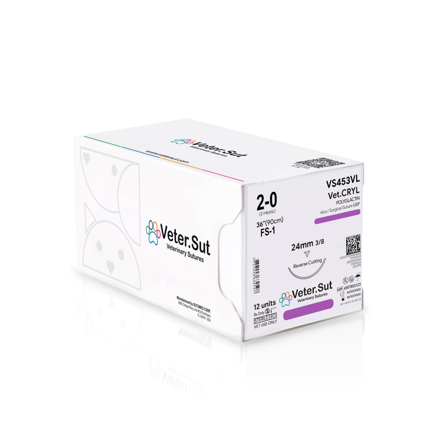 VeterSut VetCRYL Absorbable Polyglactin Surgical Suture USP Size 2-0, (FS-1) 3/8 24mm Reverse Cutting Needle, 36 Inches (90 cm), 12 Count, Veterinary Use