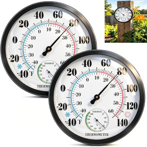 2PCS Indoor Outdoor Thermometer Hygrometer,10Inch Outdoor Thermometers Large Number Analog Dial, Waterproof Wall Thermometer,Outside Thermometers for Patio,Garden,Fence,Garage (No Battery Required)