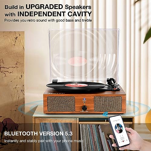 Image of Vinyl Record Player with Upgraded Speakers and USB,Belt-Driven Bluetooth Turntable with 3 Speed AUX Input Headphone Jack and RCA Output