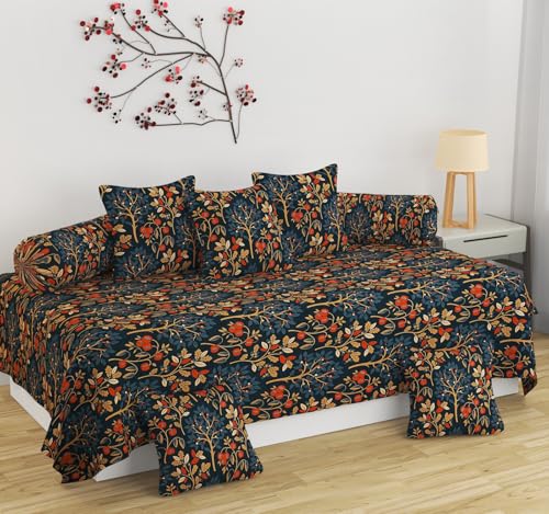 Image of NHD HOME Pure Soft Cotton Flower Printed Diwan Set Covers 8 Pieces - 1 Single Bed Sheet (60 X 90) with 5 Cushion Cover (16 X 16), 2 Bolster Covers (16 X 32) - Dark Brown & Golden