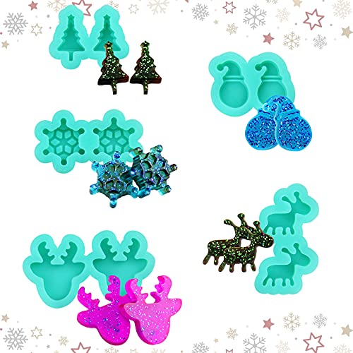 Christmas Stud Earrings Mold, Deer Snowflake Snowman Tree Tiny Resin Molds 5 Pairs