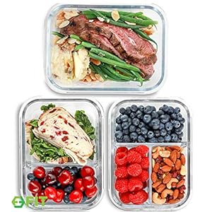 FIT Strong & Healthy Glass Meal Prep Containers, 1 & 2 & 3 Compartments – Portion Control, Lunch Container, Food Storage, Airtight Lids, Oven & Freezer Safe, Leak-Proof Bento Box, 35 oz, Blue, 3 Pack