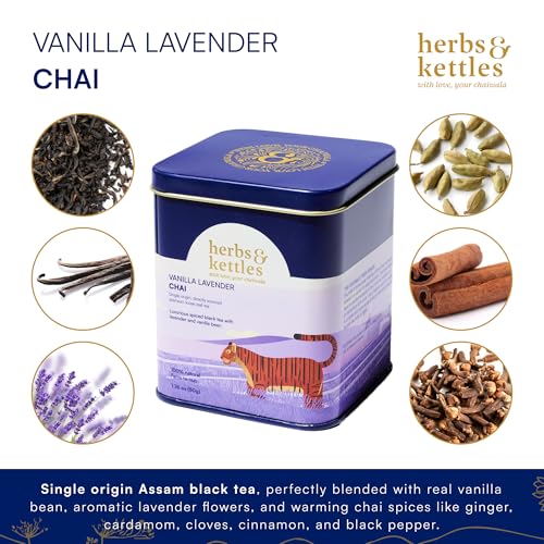 Herbs & Kettles Vanilla Lavender Chai | Assam Black Tea with Real Vanilla Bean, Lavender Flowers, Cardamom, Cinnamon & Ginger | Floral Loose Leaf Blend | Makes 10-14 Servings | Premium Tea Gift